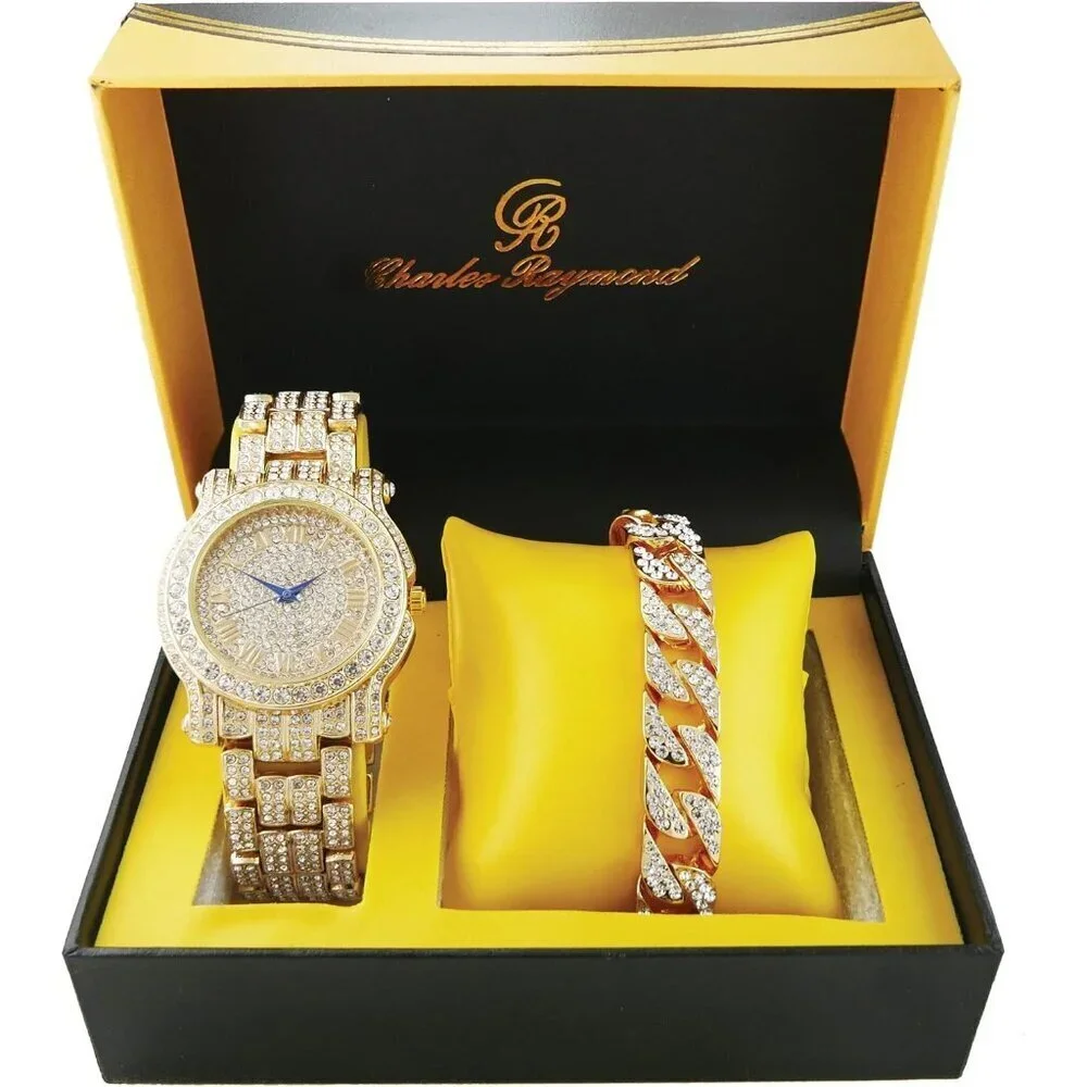 Men's Gold Round Luxury Silver Watch With Bling-ed Out Bracelet L0504b